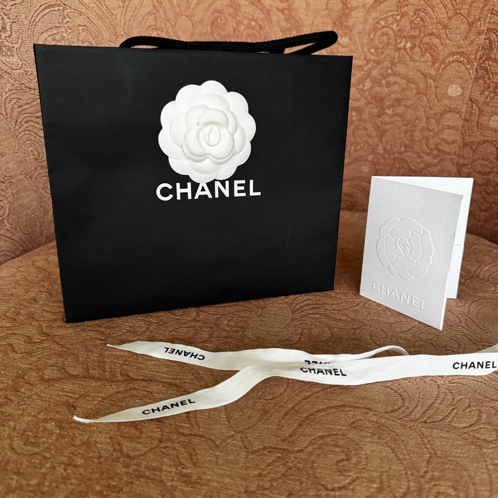 Chanel Black Camellia Gift Bag with White Ribbon and Receipt Holder